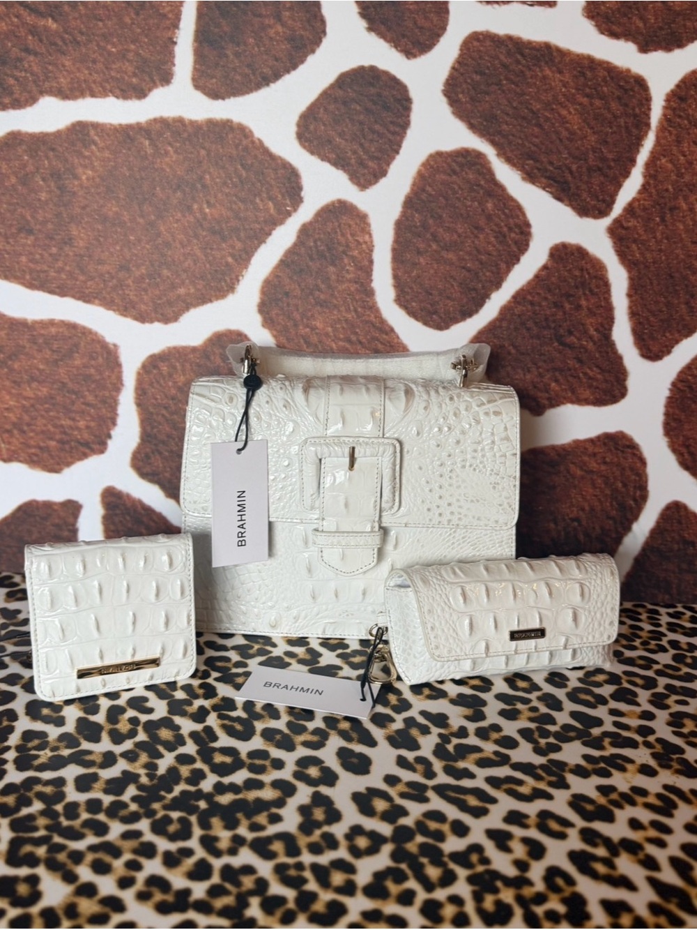 3 PIECE SET ~ Brahmin Small Hallie Sea Salt White Melbourne NWT Wallet Glasses